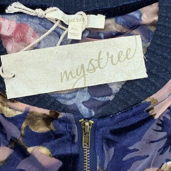 Mystree Navy Blue w/ Floral Velvet Bomber Jacket - Picture 5 of 8